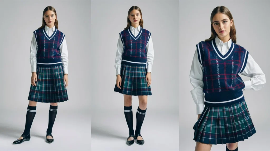 Preppy Pleated Skirt Sweater Vest